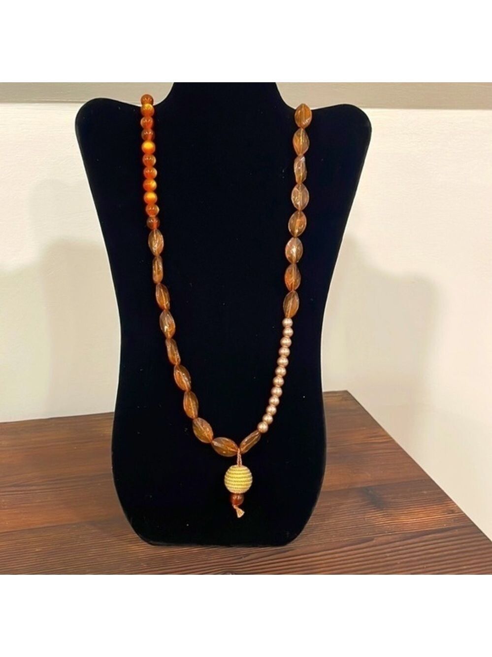 Brown beaded and neutral faux pearl necklace 34” length